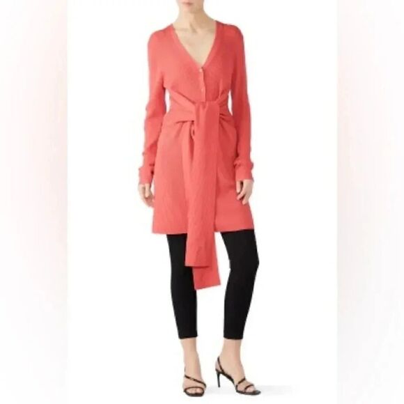 Women’s TOME Tie Front Long Ribbed PINK button up merino wool Cardigan sz small - Picture 2 of 12